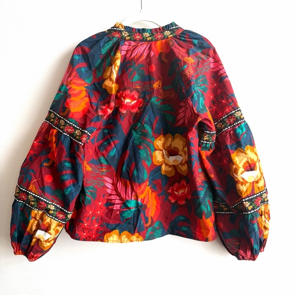 Farm Rio Poplin V-Neck Blouse Size Medium Floral Cotton Top Long Sleeve - Picture 5 of 11